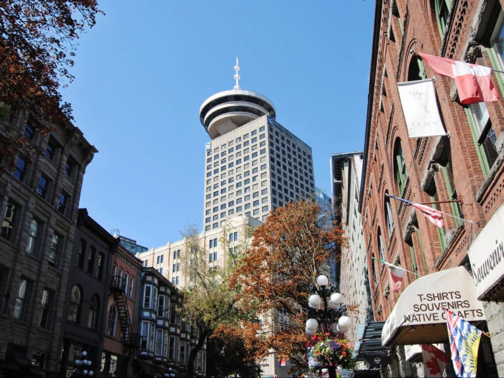 Clear blue sky over the Vancouver Lookout building