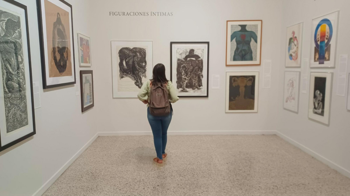 The author Vanessa Ramos, admiring the artworks at the Museo de Historia