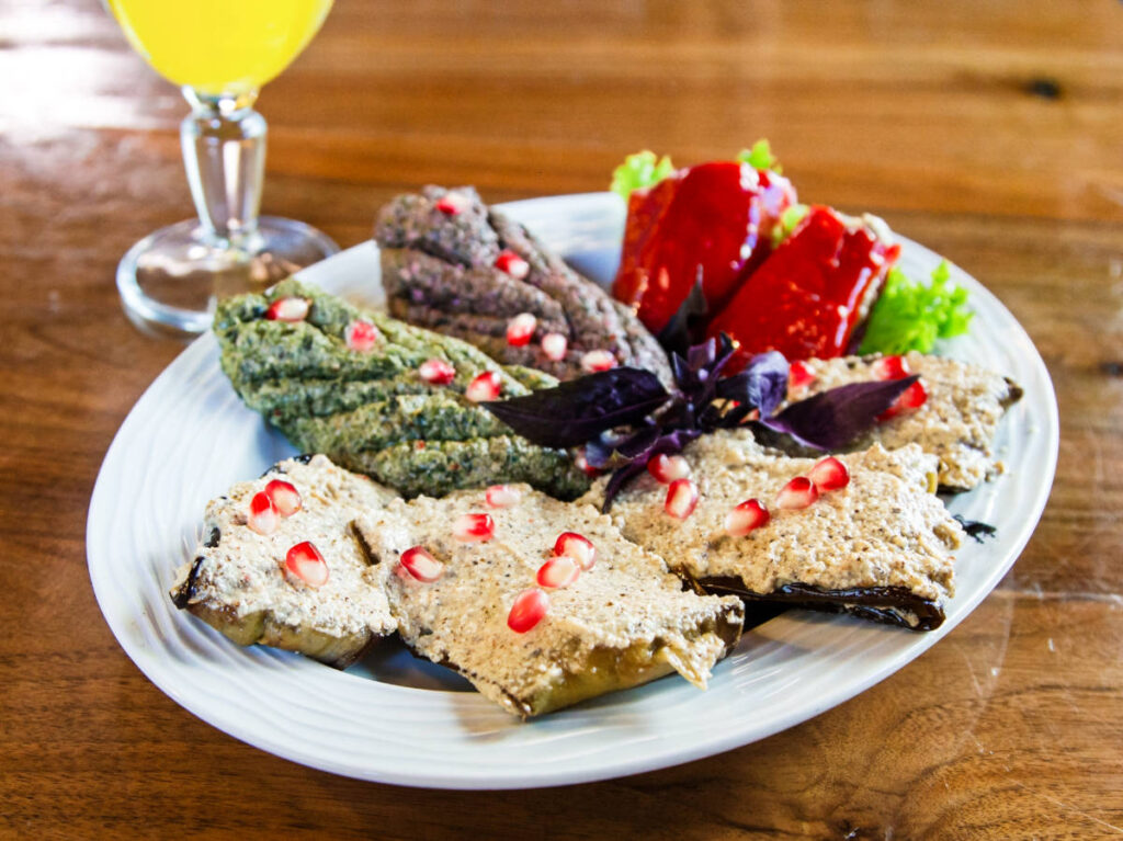 A plate with a variety of pkhali