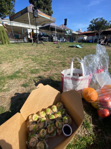 A box of vegan sushi and the goods purchased from the market on the events ground