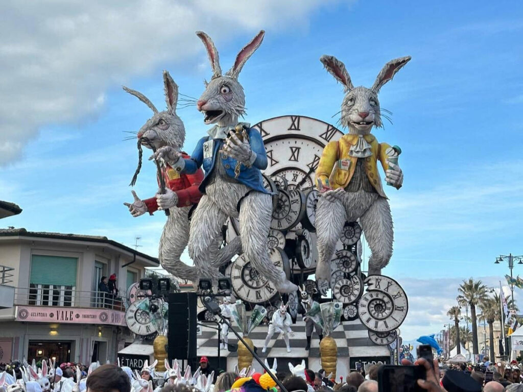 A paper-mache float of bunnies during the Viareggio Carnival