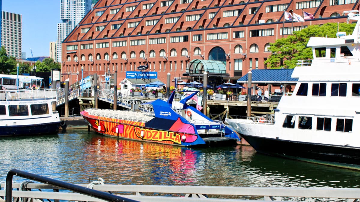 View of the vibrant Codzilla speedboat at Boston Harbor
