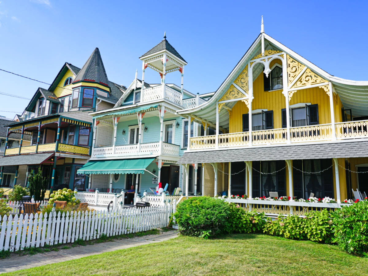 Exterior view of the lined Victorian-style homes in Ocean Grove