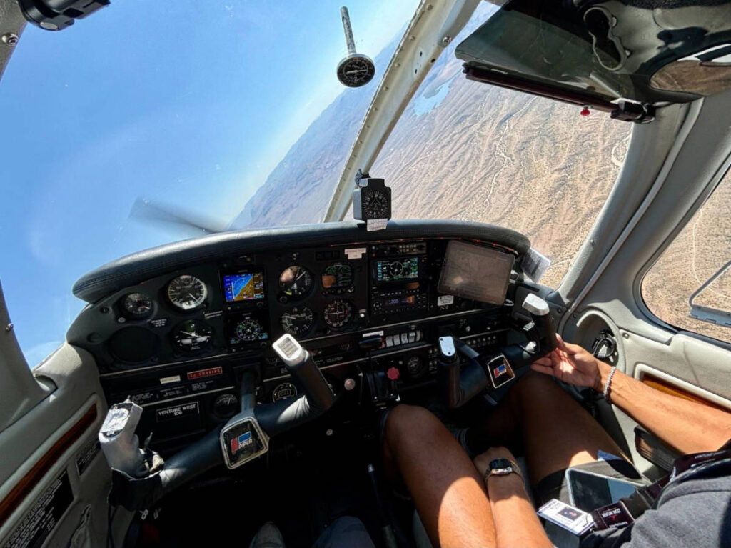 View during a steep turn of a an airplane