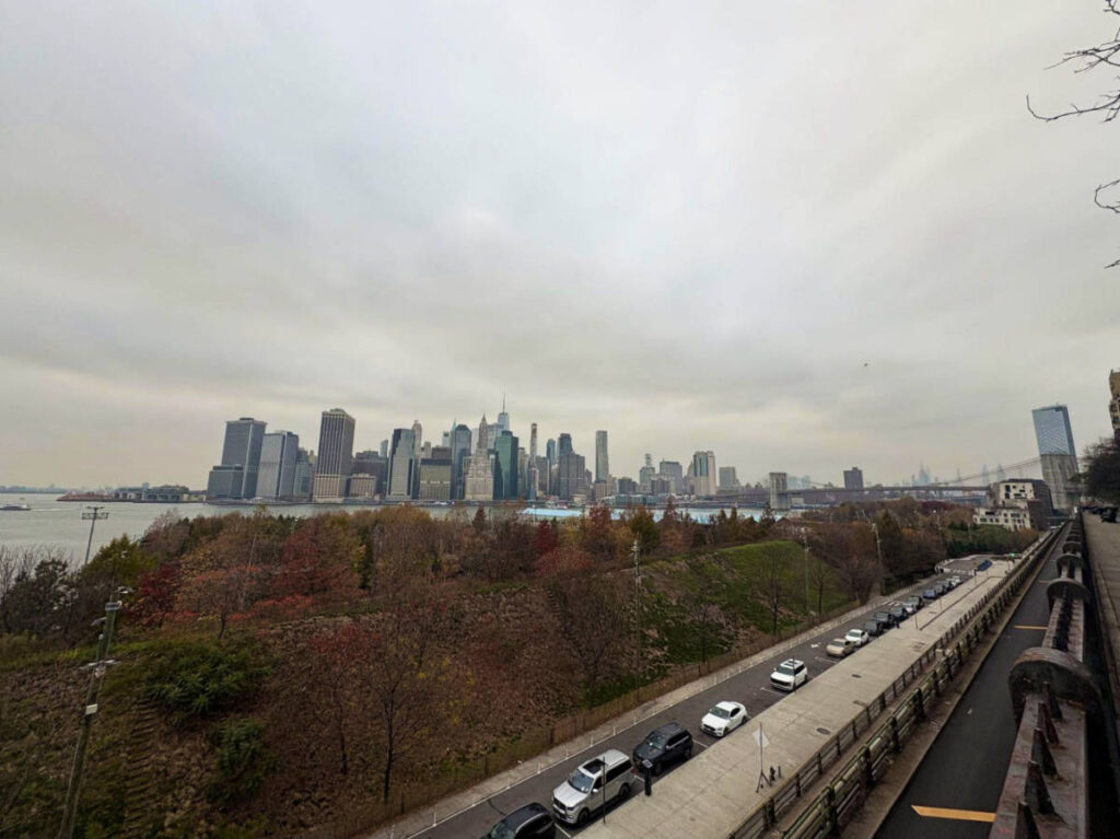 Overlooking view of the city skyline from the Brooklyn Heights Promenade