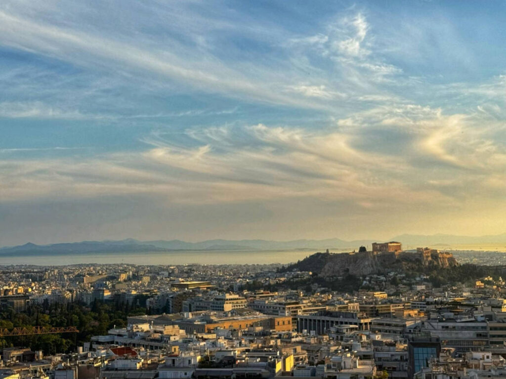 Scenic overlooking view of the city from Lycabettus Hill at sunset