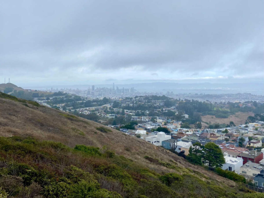 Overlooking view of the homes in Miraloma and Glen Canyon from the top of Mt. Davidson  