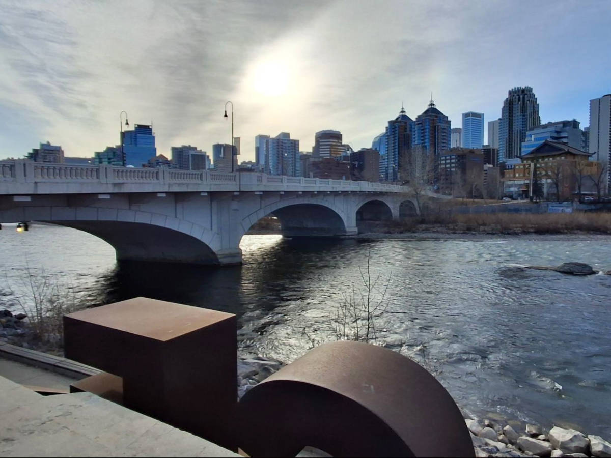 View of the bridge and the buildings from the Poppy Plaza at sunrise