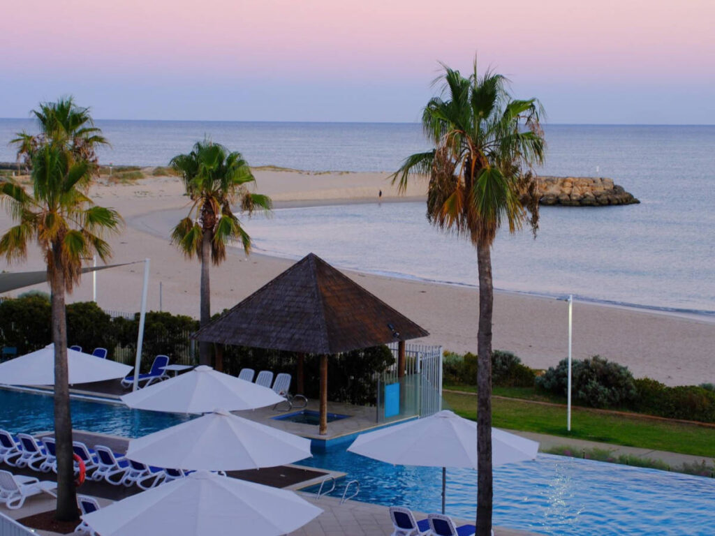 Scenic overlooking view of the shoreline from Seashells Mandurah at sunset