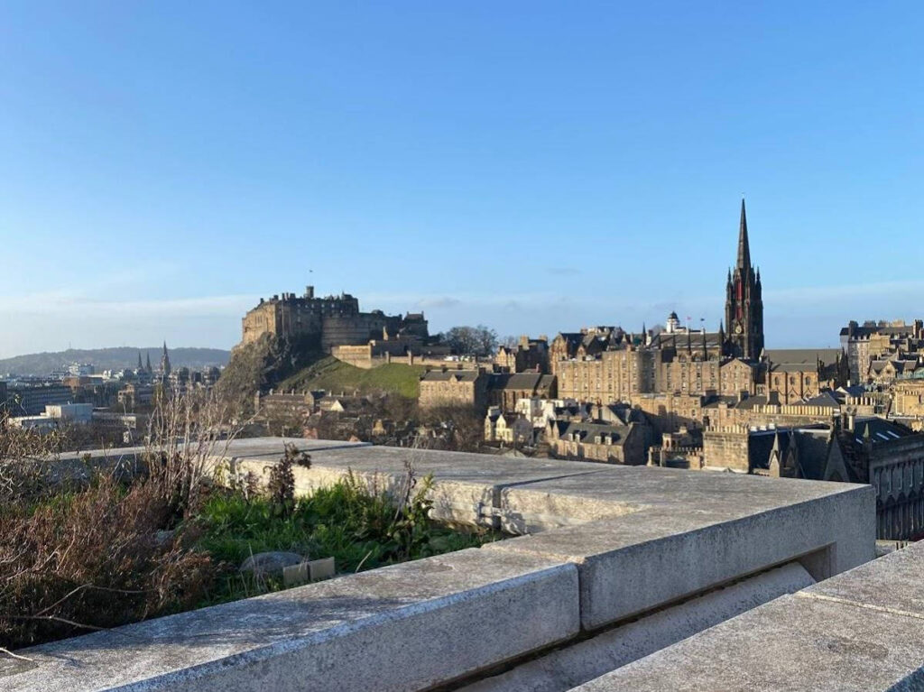 Overlooking view of the city from the roof terrace of National Museum of Scotland