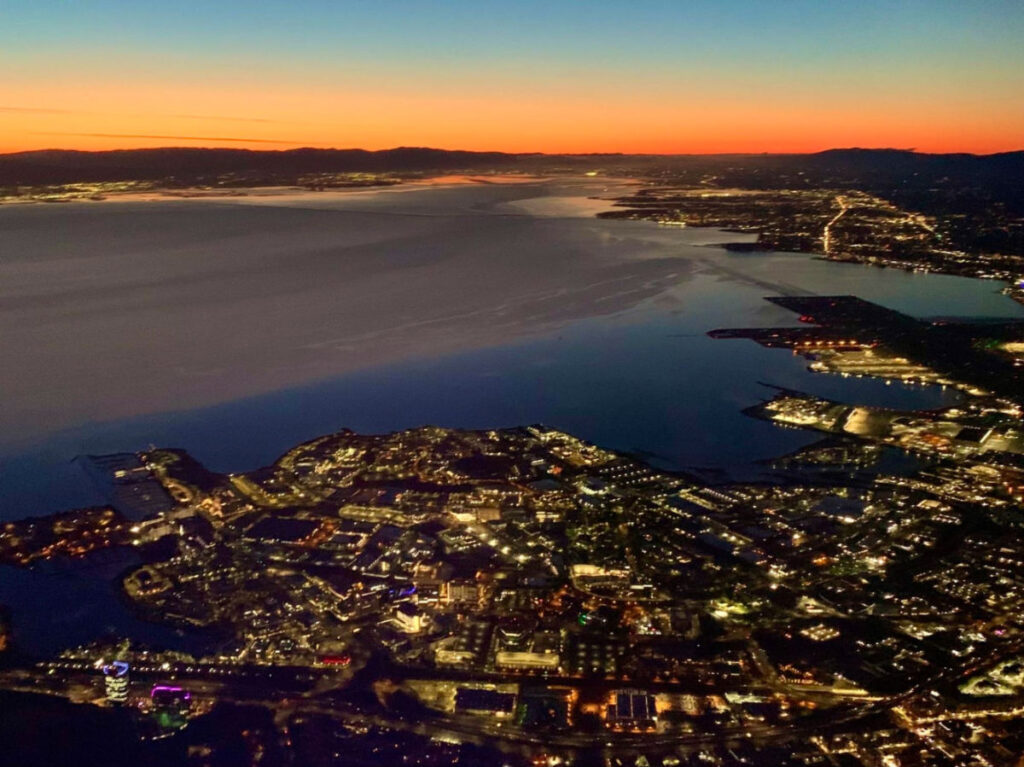 Sunrise view of San Francisco seen from the airplane