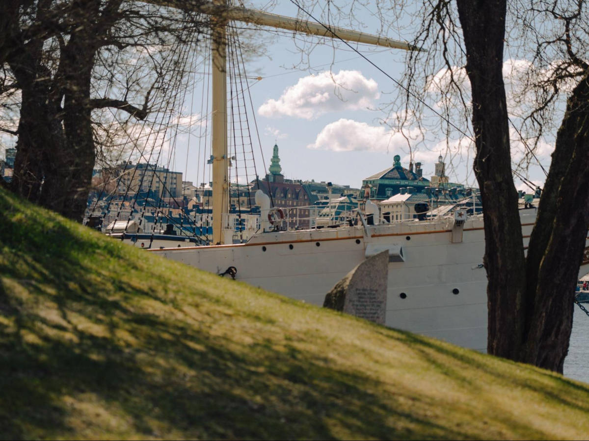 View of Stockholm behind the three-masted ship