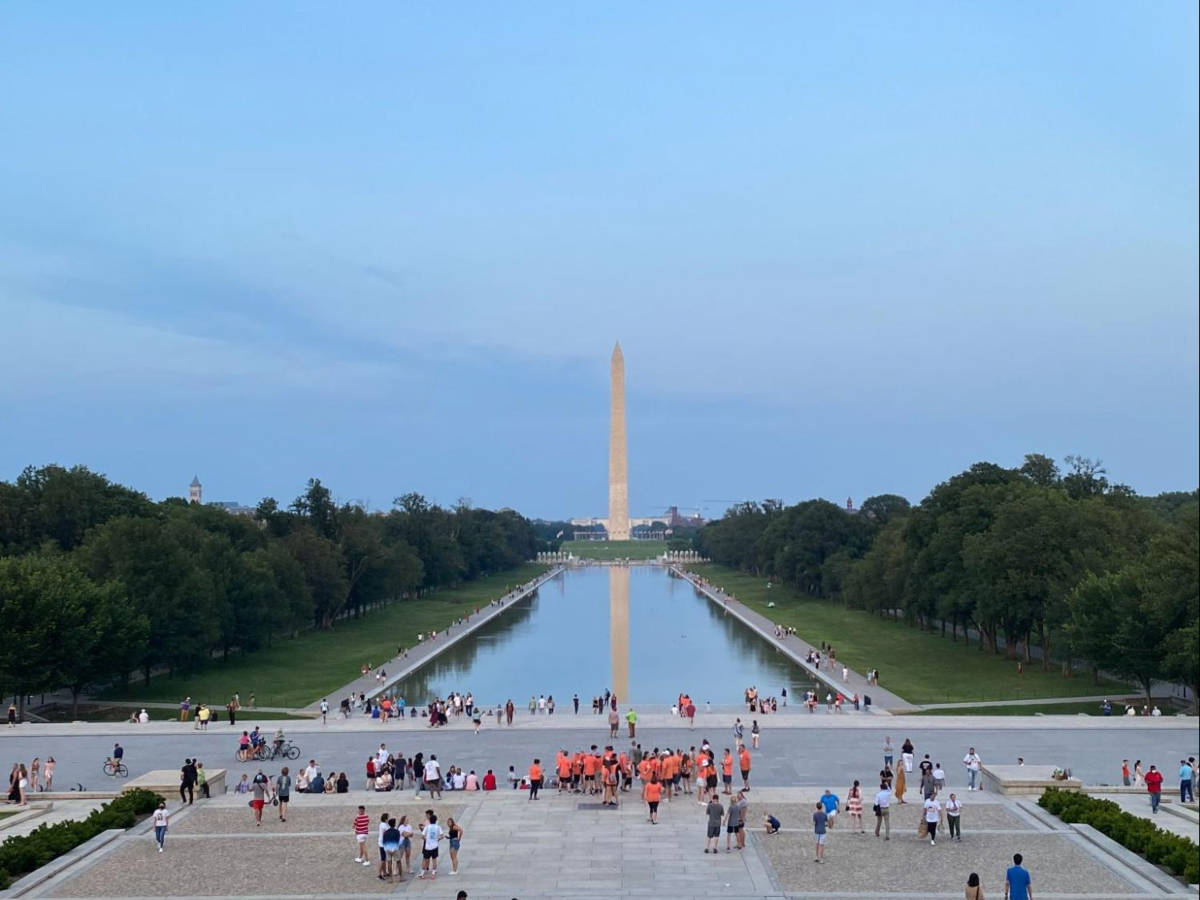 View of the Washington Monument from the crowded reflecting pool