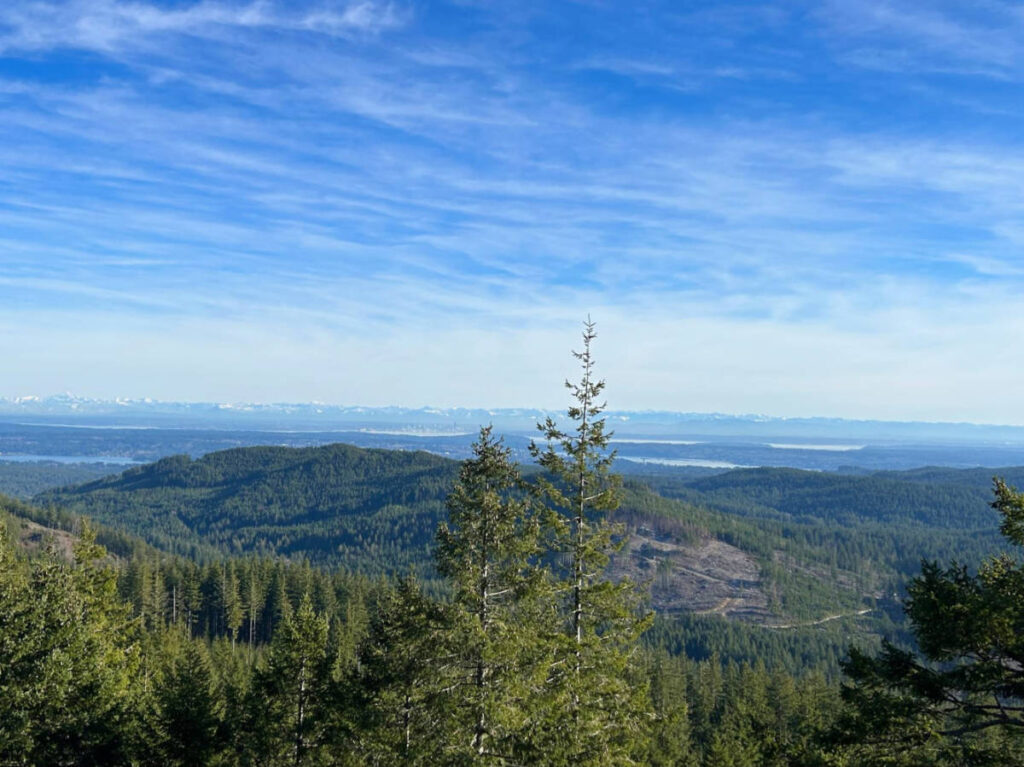 View from Green Mountain showcasing mountains and lush trees under a clear blue sky