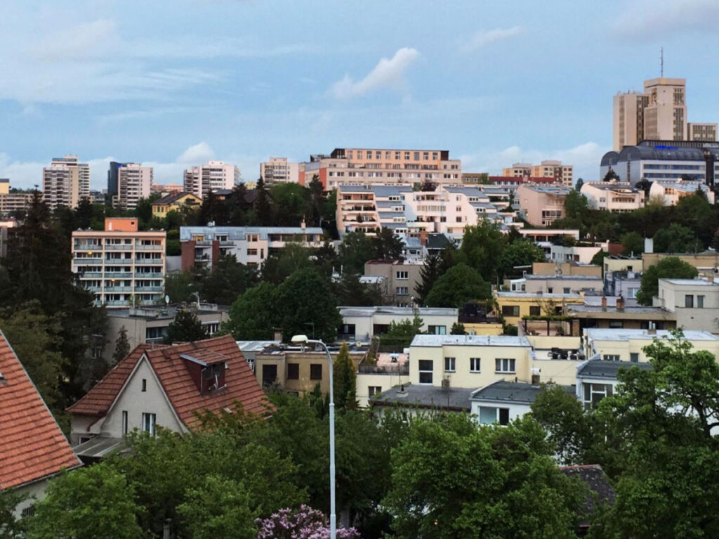 Cityscape views from an Airbnb balcony in Prague