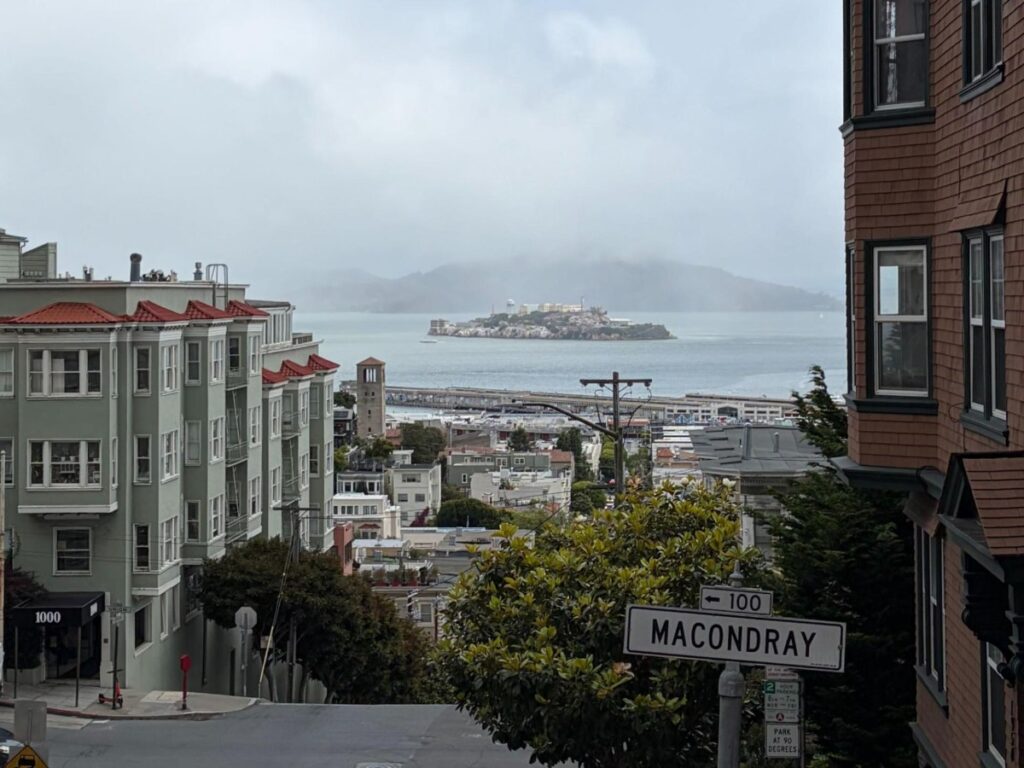 Views of Alcatraz from Russian Hill, with Angel Island in the background 