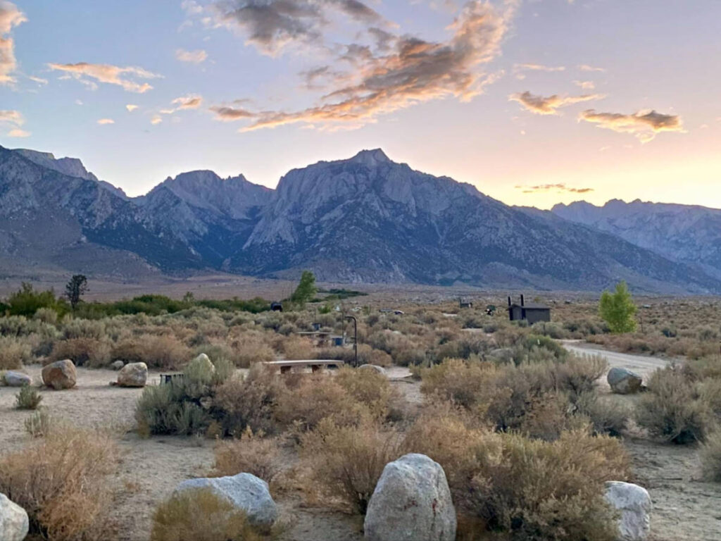 Scenic sunset views of the Mount Whitney from the campsite at Tuttle Creek