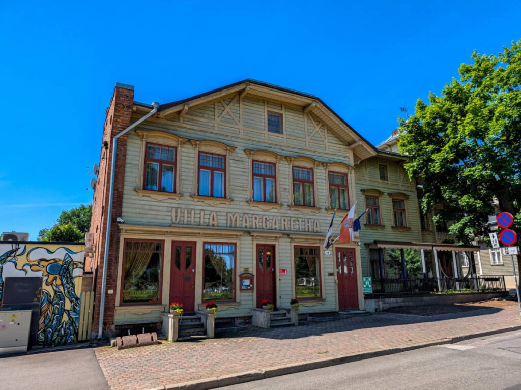 View of the clear blue sky over the building of Villa Margaretha