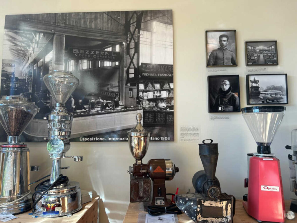The vintage espresso machines on display at Bakke Museum