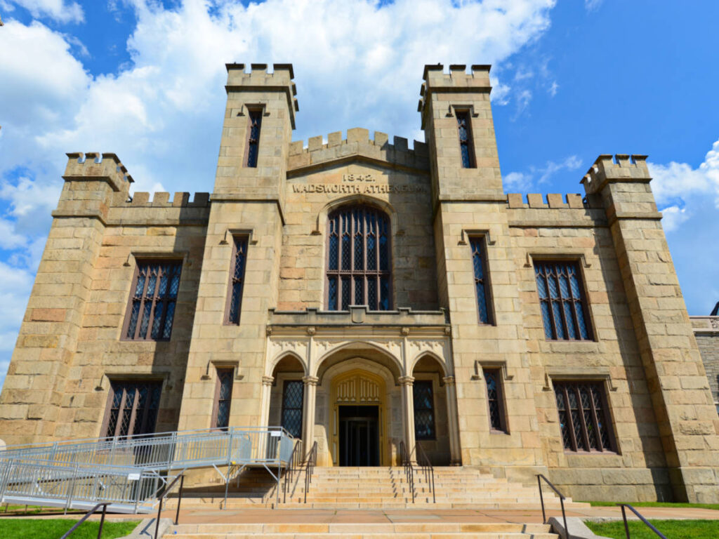 Exterior view of the castle-like Wadsworth Atheneum Museum of Art