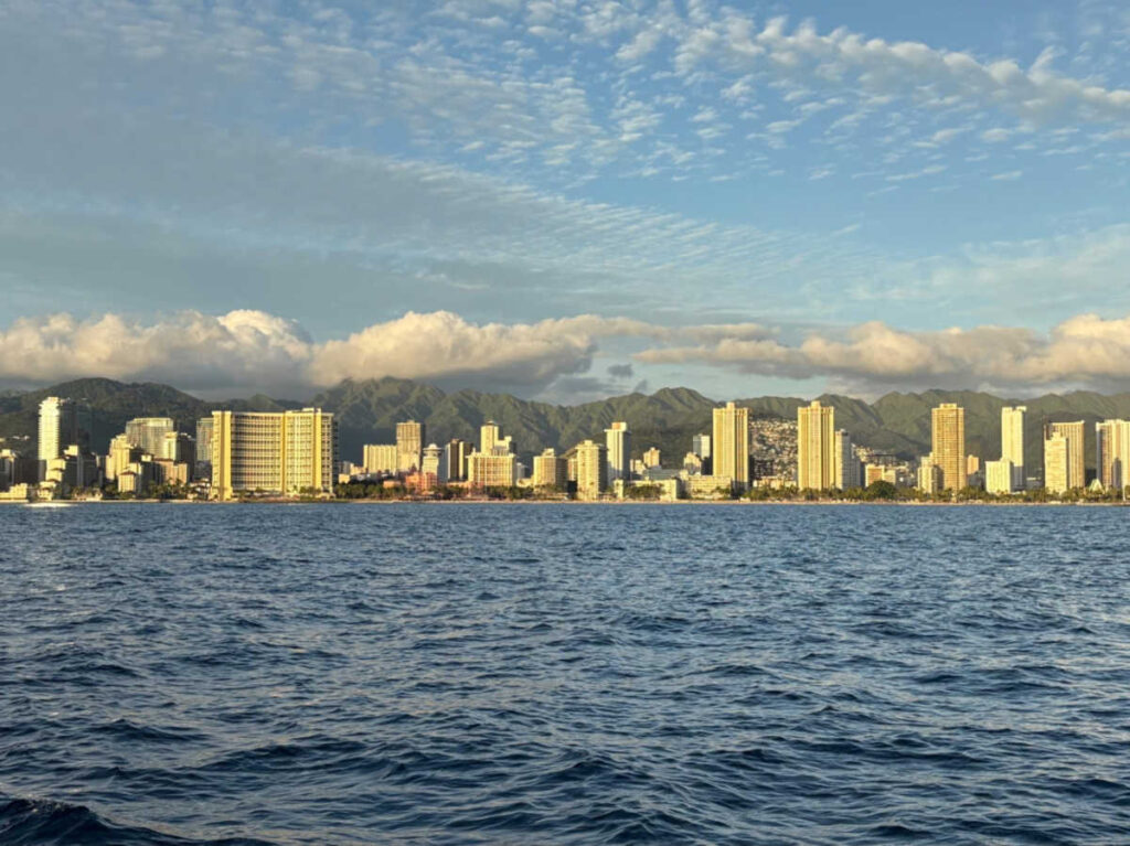 Panoramic view of the Waikiki skyline from across the water