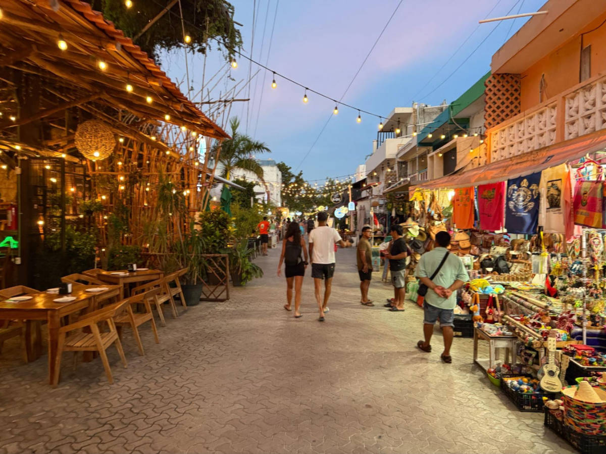 View of the lined shops and restaurants at the main walking street on Isla Mujeres