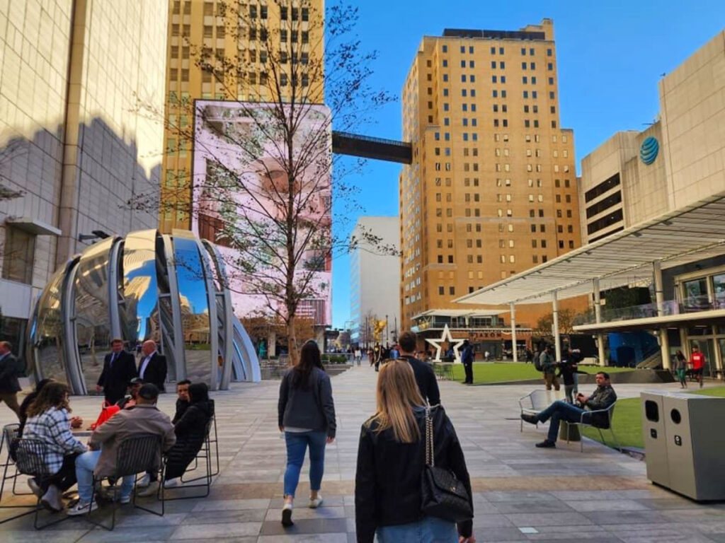 Author Sarah Heath and family walking along the AT&T Discovery District