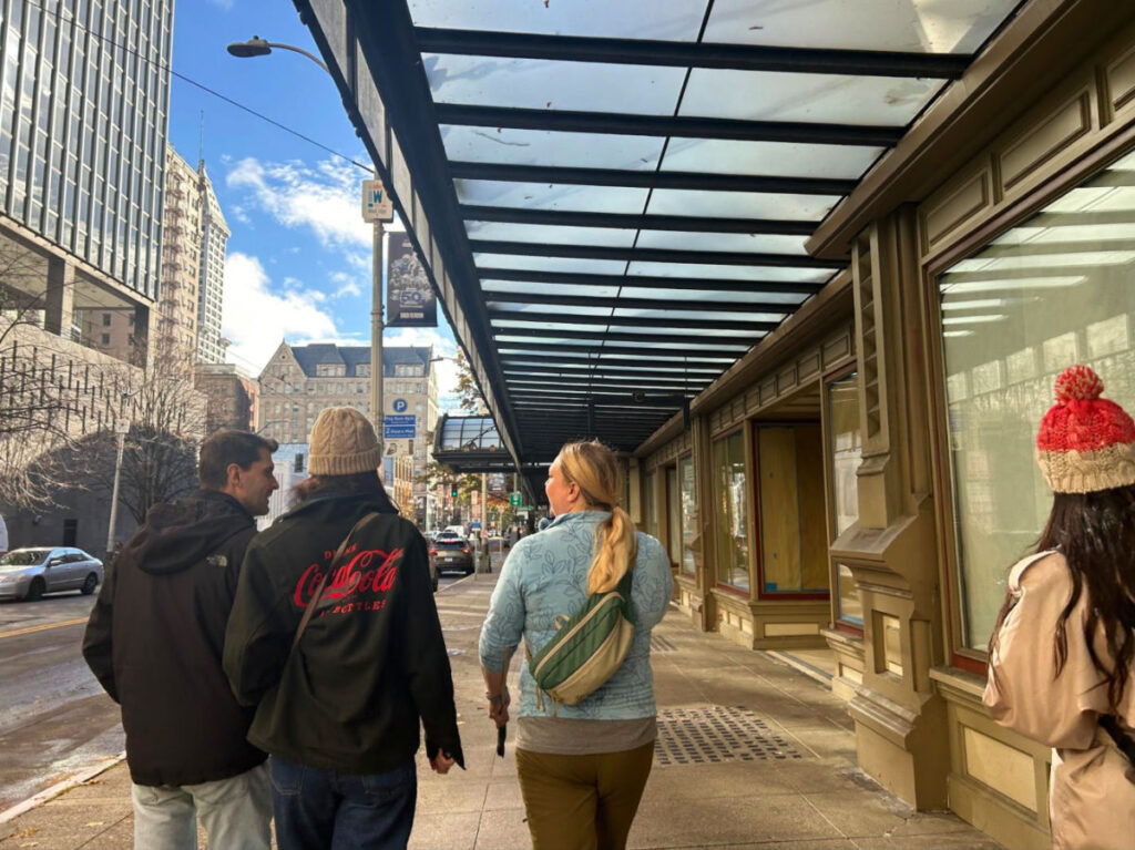 A group on a walking tour in downtown Seattle