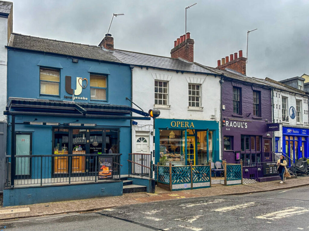 View of the colorful storefronts along the Walton Street in Jericho