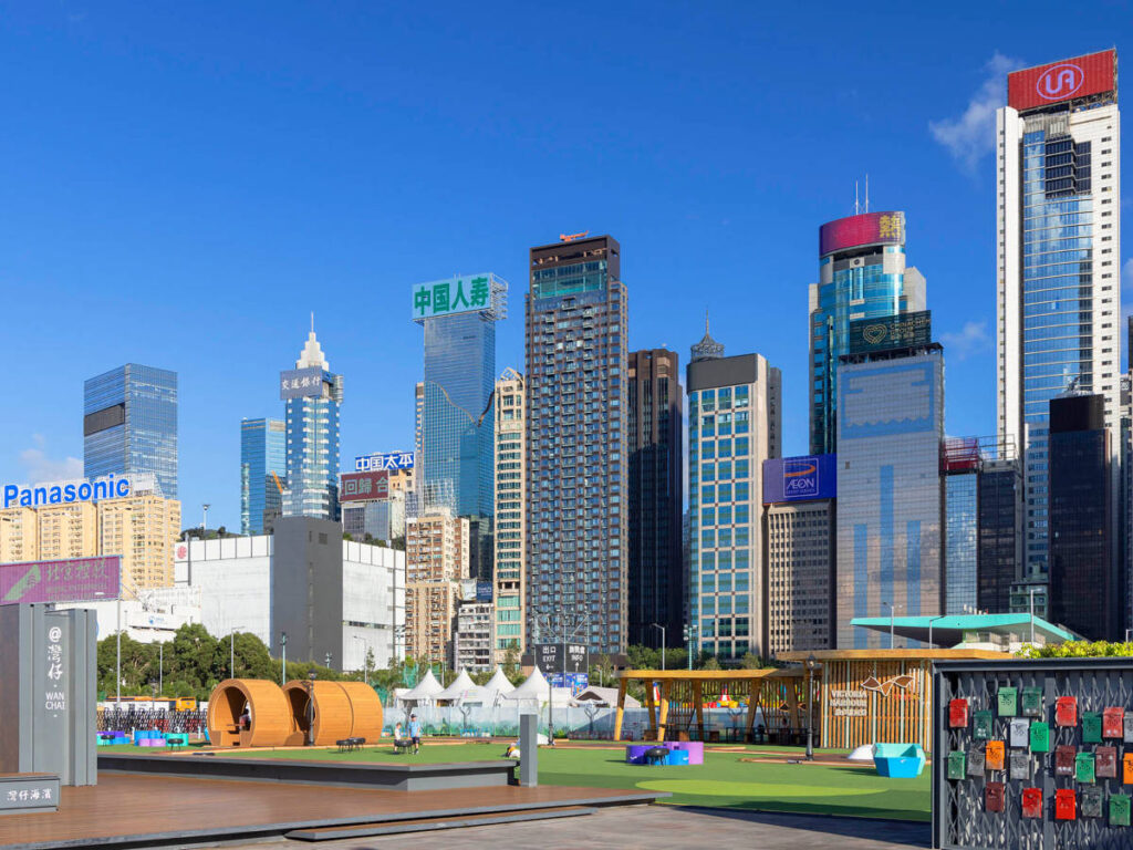 Panoramic view of the skyscrapers and  waterfront promenade in Wan Chai