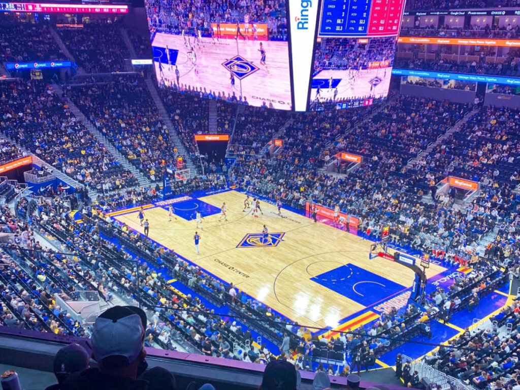 Overlooking view of the Warriors game at the higher seat in Chase Center