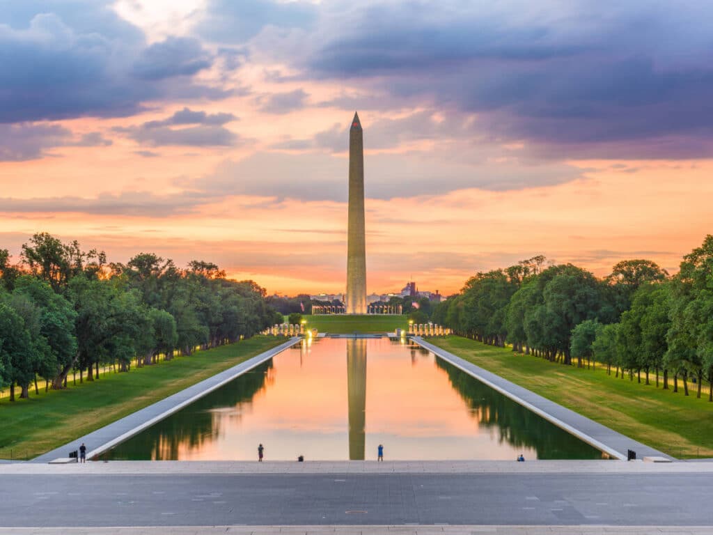 View of the Washington Monument from afar during sunset