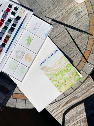 The author's painted watercolor postcards