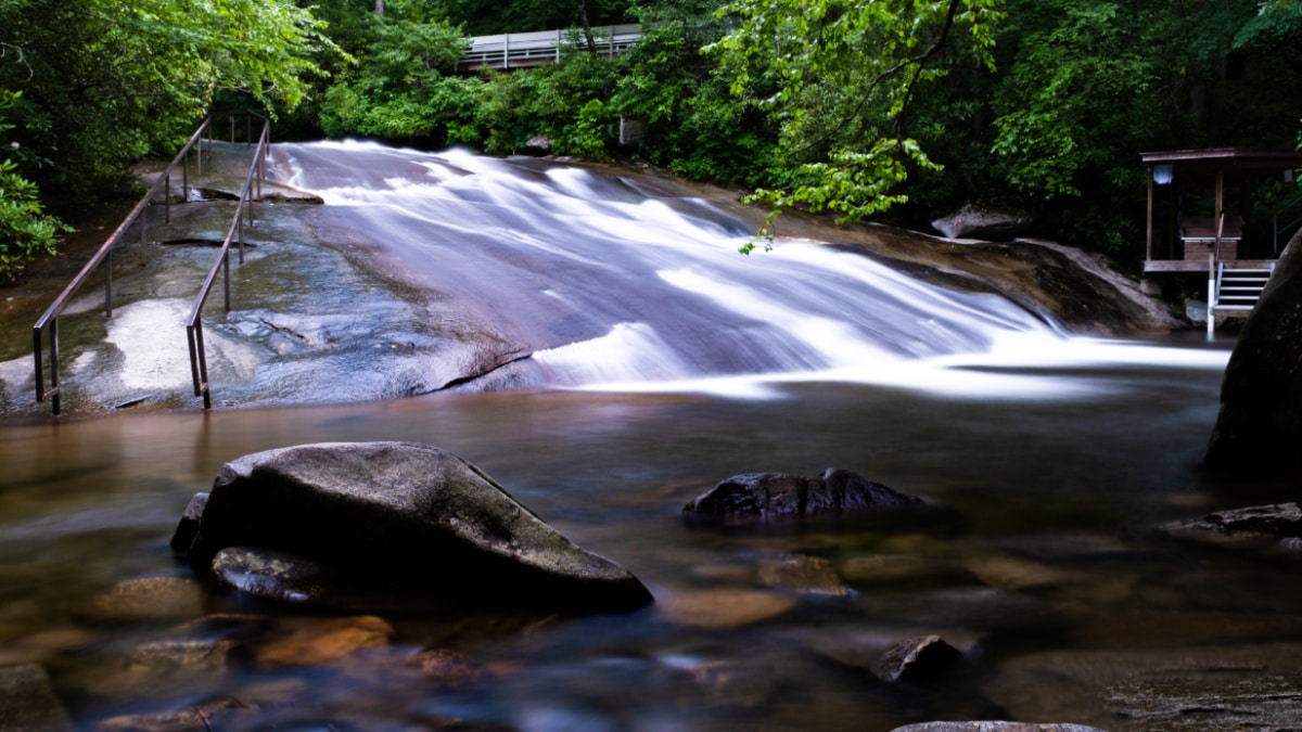 View of the cascading waterfall in Sliding Rock