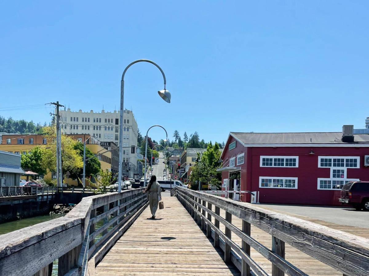 Clear blue sky over the waterfront in Astoria
