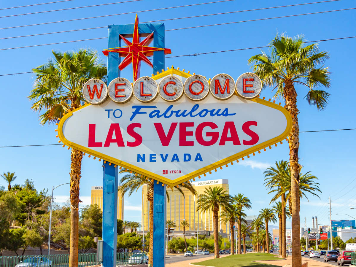 View of the Welcome to Las Vegas sign on a bright sunny day
