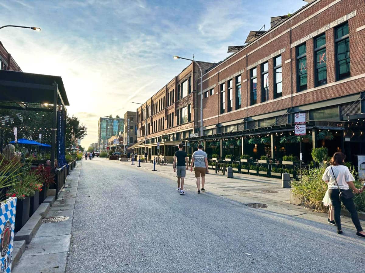 View of the people wandering around the Fulton Market District on a quiet night