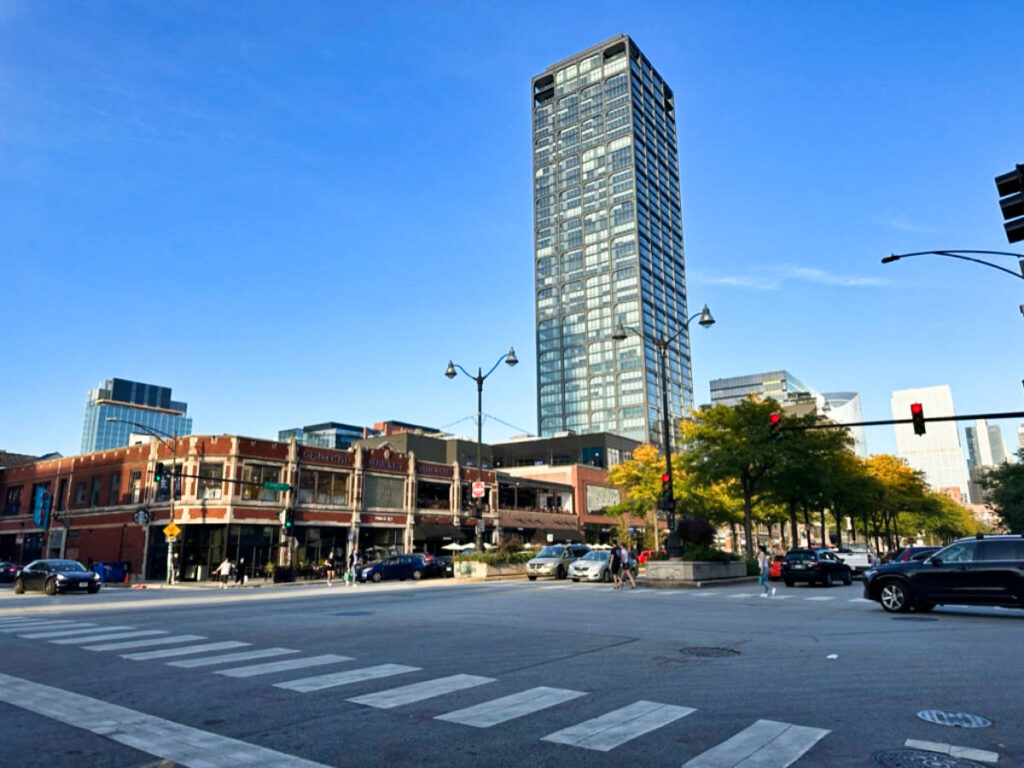 View of the shops and restaurants lined in the streets of West Loop