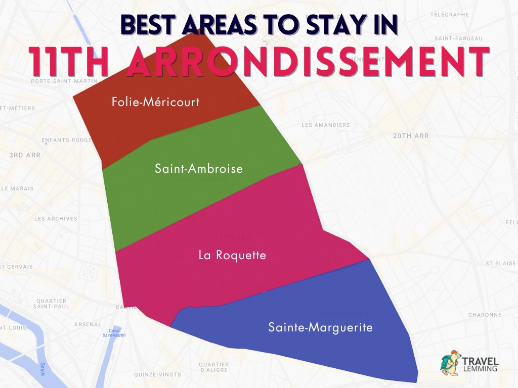 A graphic map that shows the best areas to stay in 11th Arrondissement
