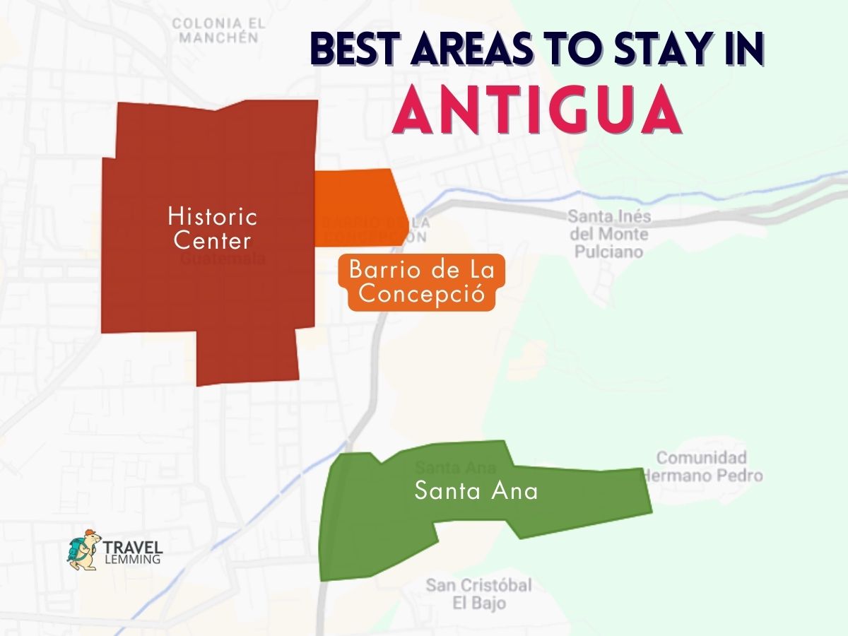 A graphic map that shows the best areas to stay in Antigua