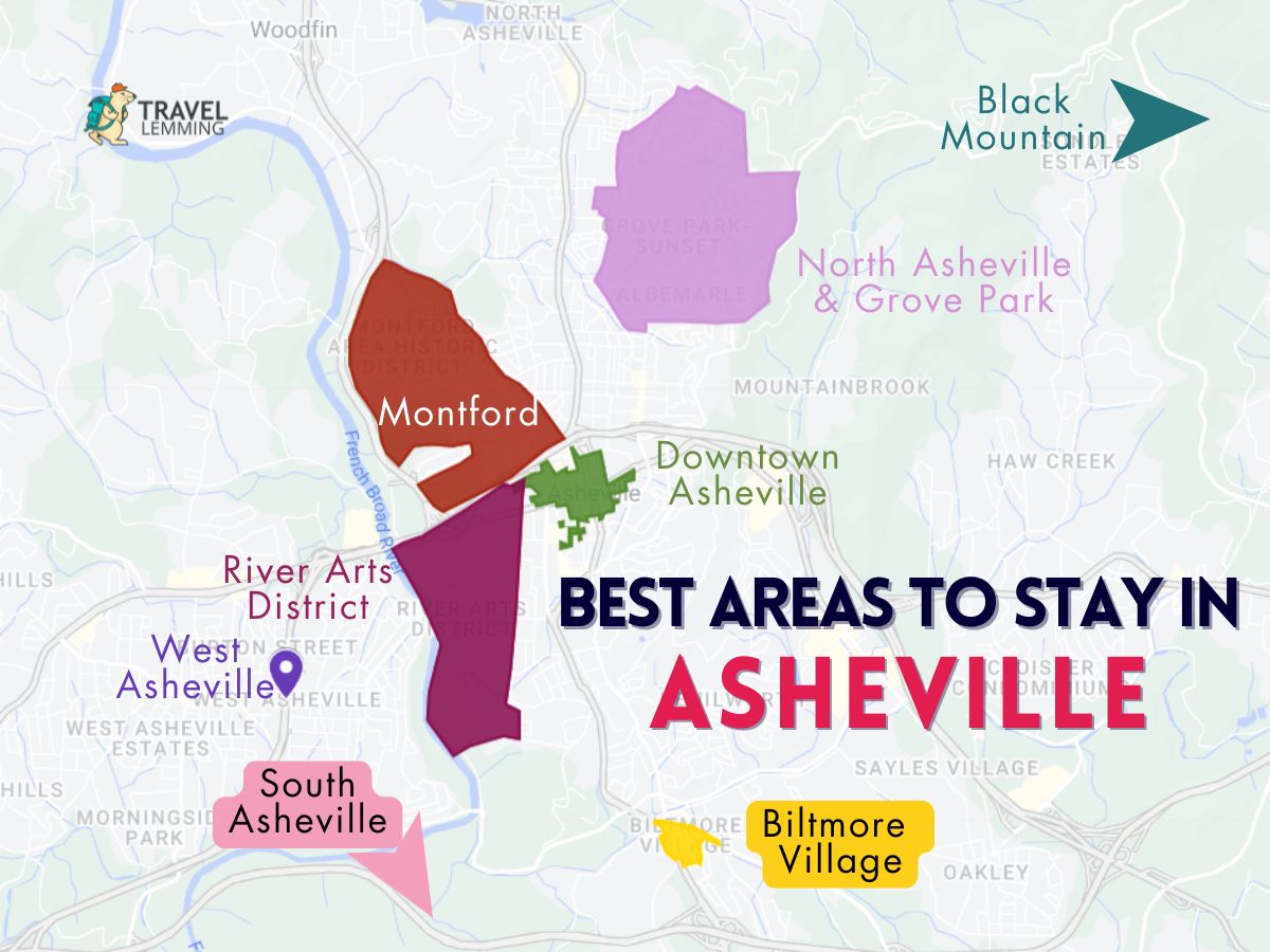 A graphic map that shows the best areas to stay in Asheville