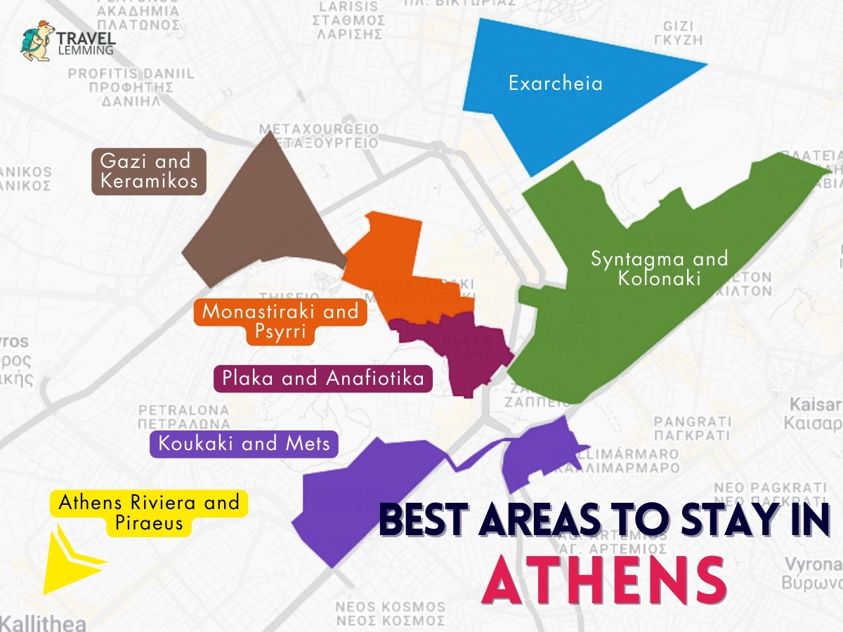 A graphic map that shows the best areas to stay in Athens