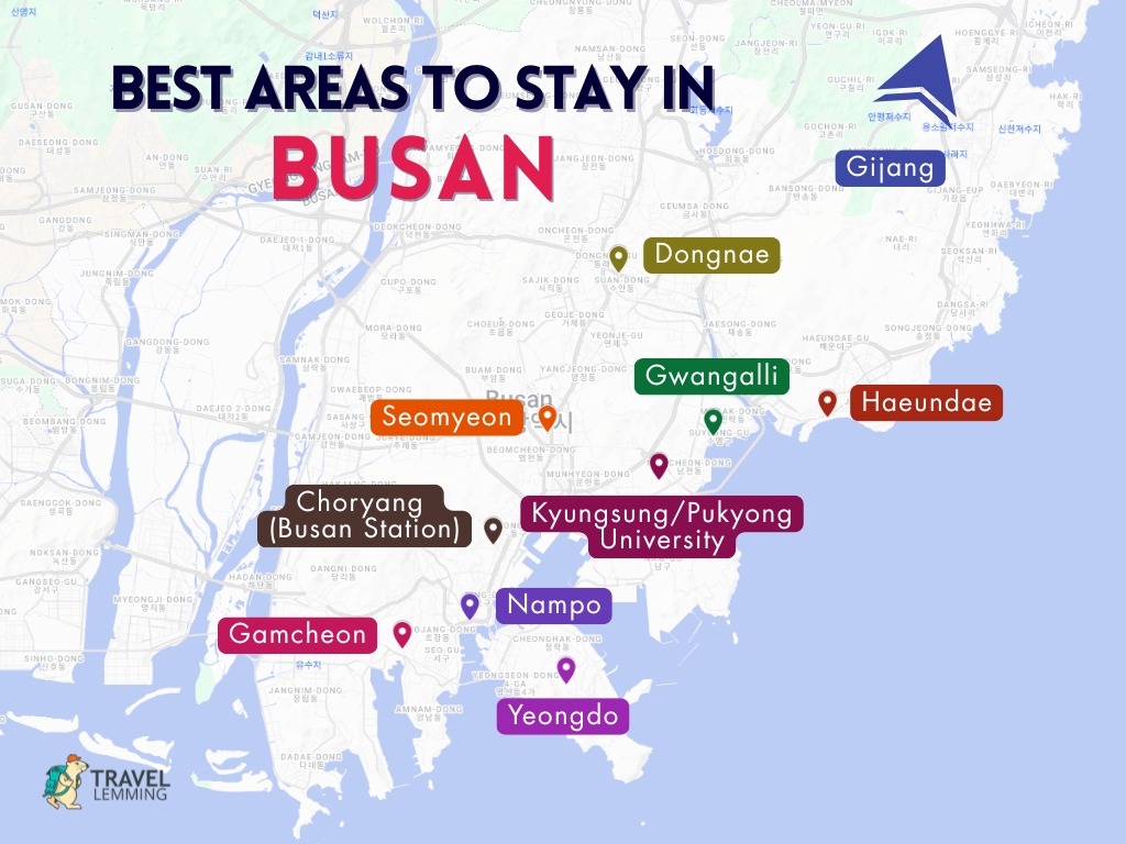A graphic map that shows the best areas to stay in Busan