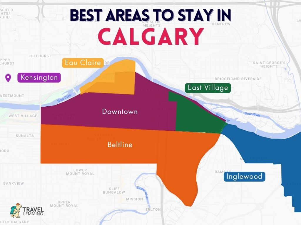 A graphic map that shows the best areas to stay in Calgary