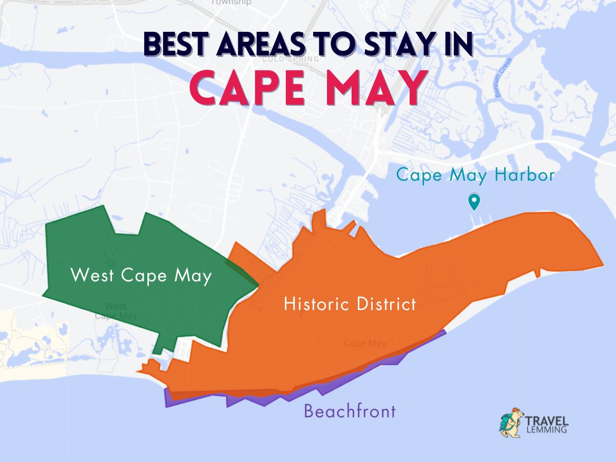 A graphic map that shows the best areas to stay in Cape May