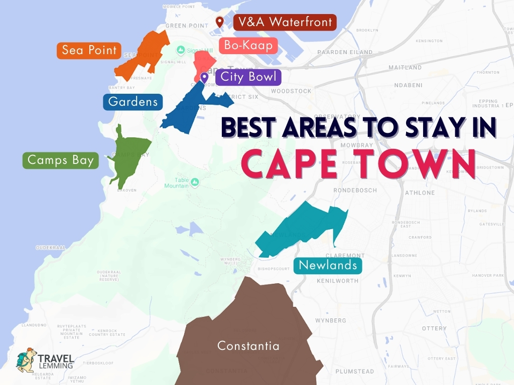 A graphic map that shows the best areas to stay in Cape Town