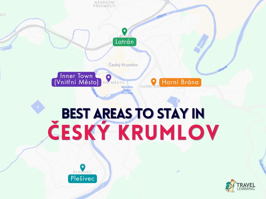 A graphic map that shows the best areas to stay in Český Krumlov