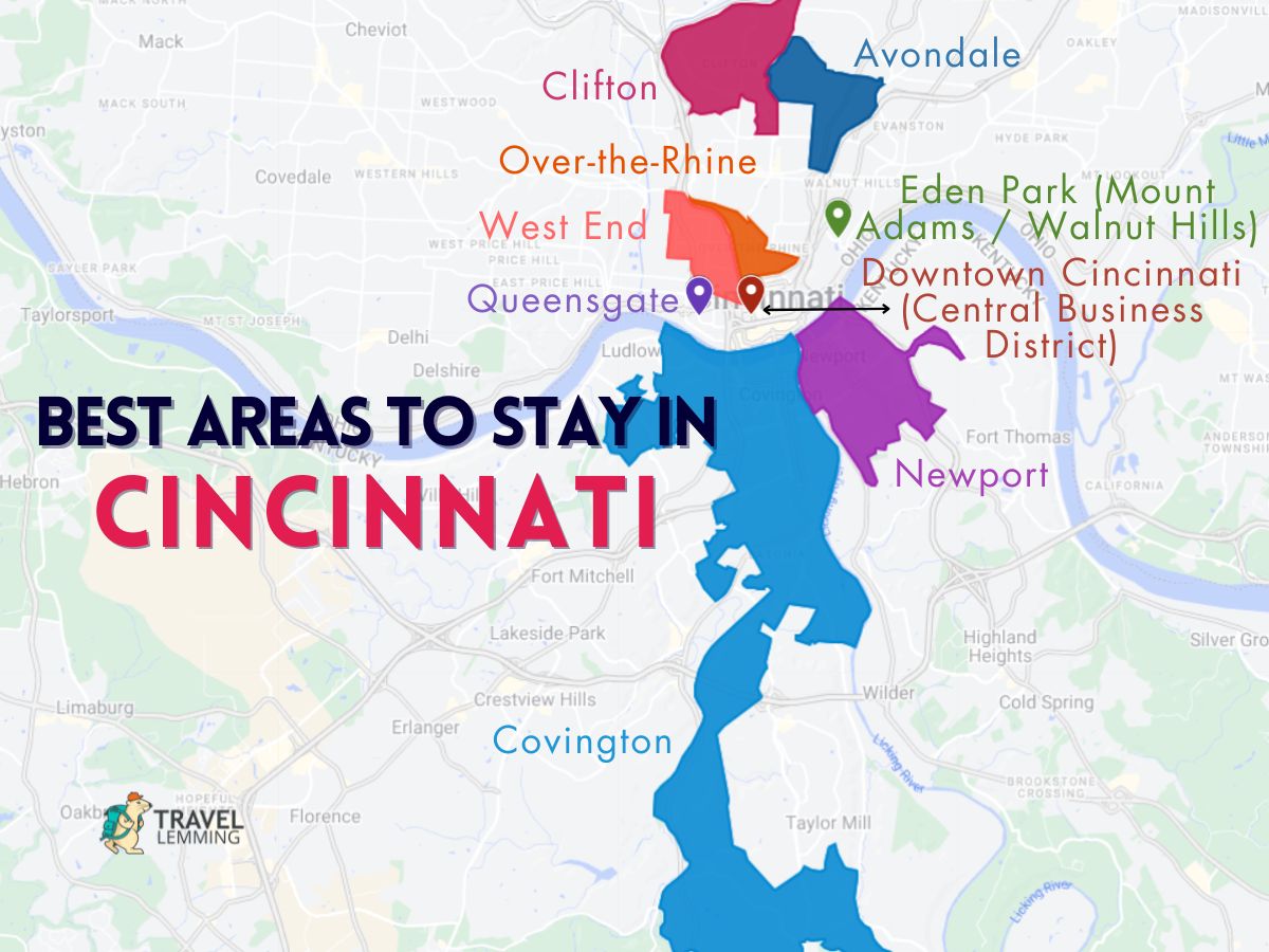 A graphic map that shows the best areas to stay in Cincinnati