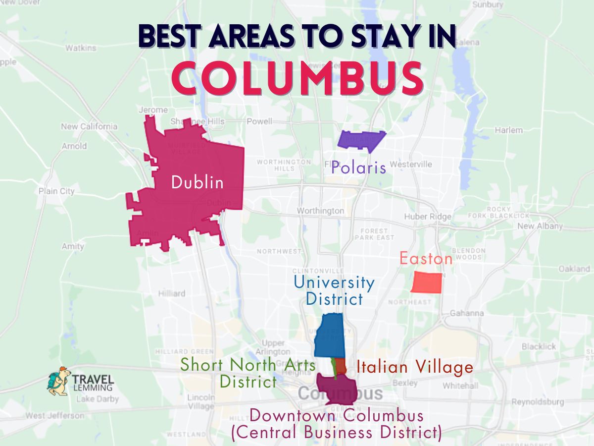 A graphic map that shows the best areas to stay in Columbus