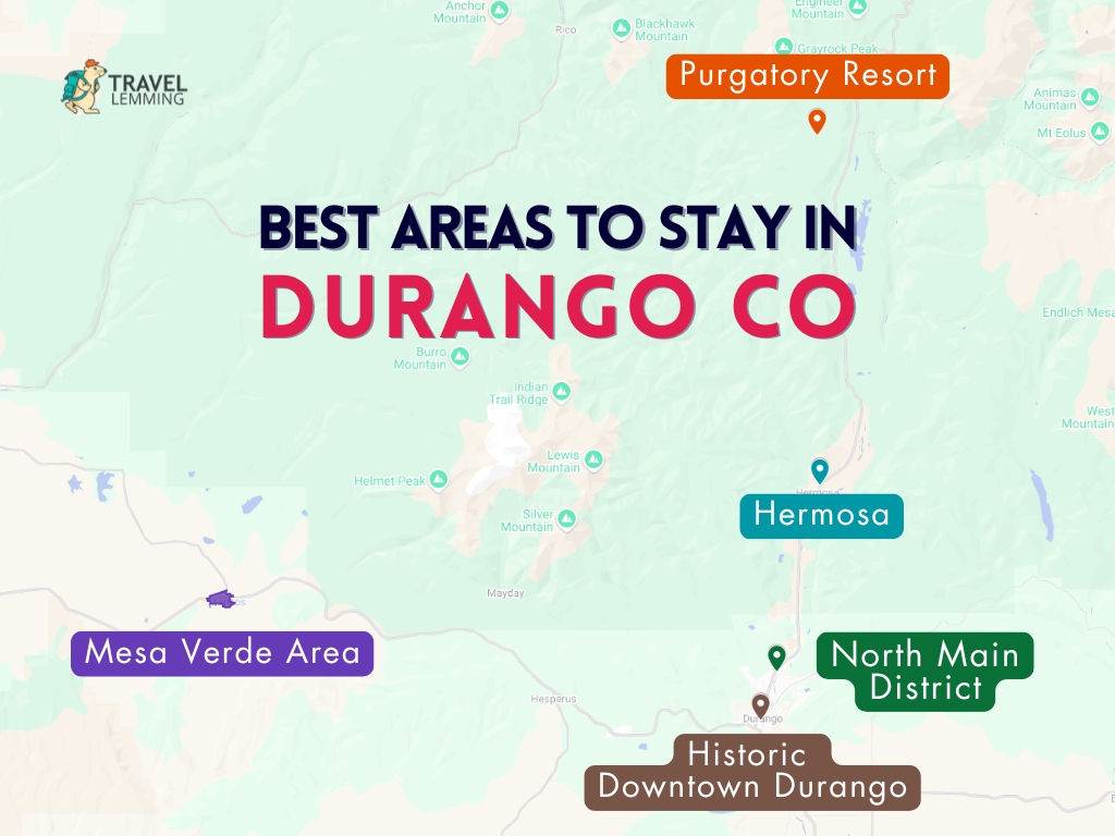 A graphic map that shows the best areas to stay in Durango
